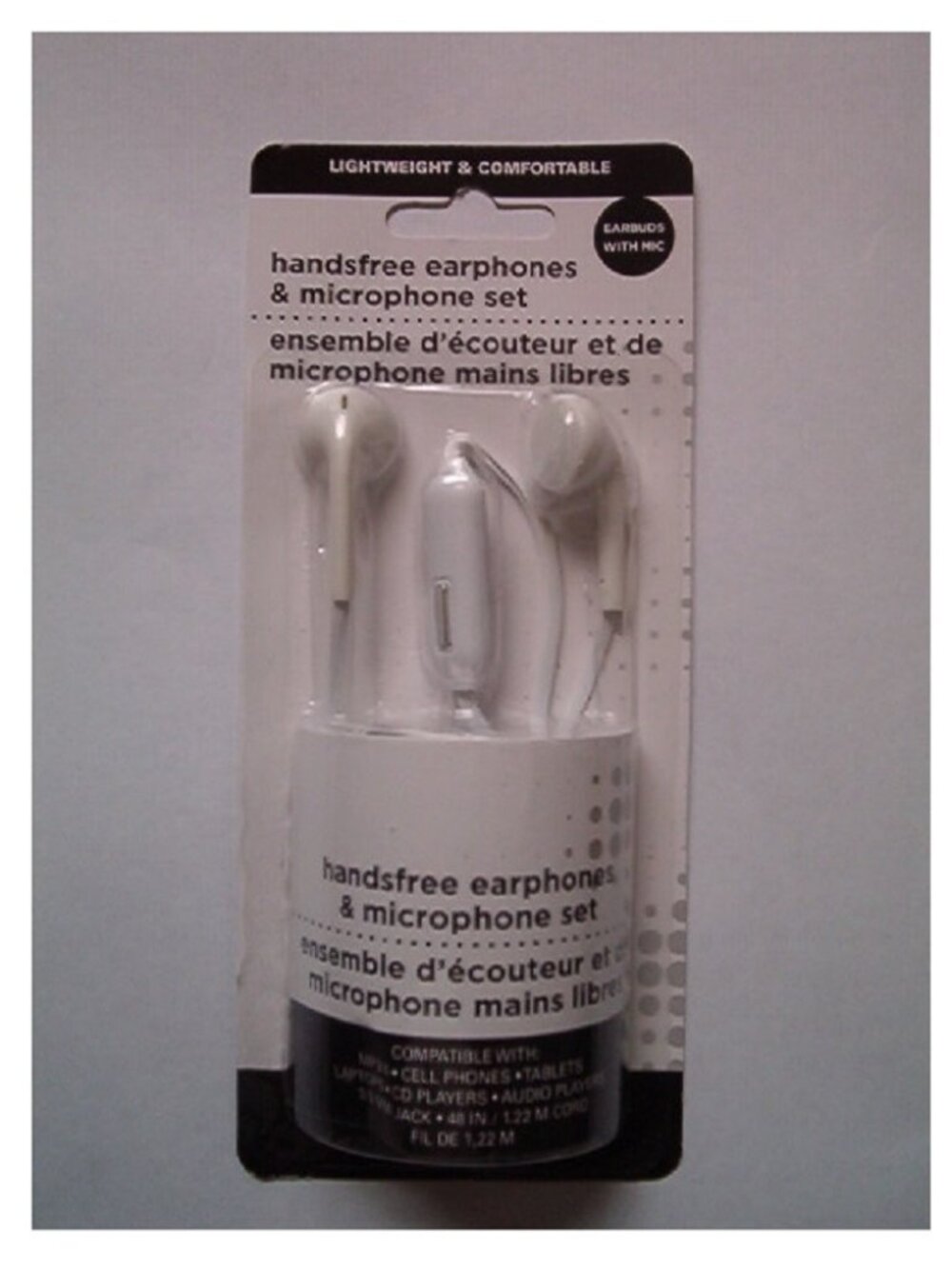 Handsfree Earphones & Microphone Set with 3.5mm Jack & 48" (122cm) Cord, White